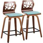 Folia 24" Swivel Counter Stool in Walnut Wood & Teal Fabric with Black Footrest (Set of 2)